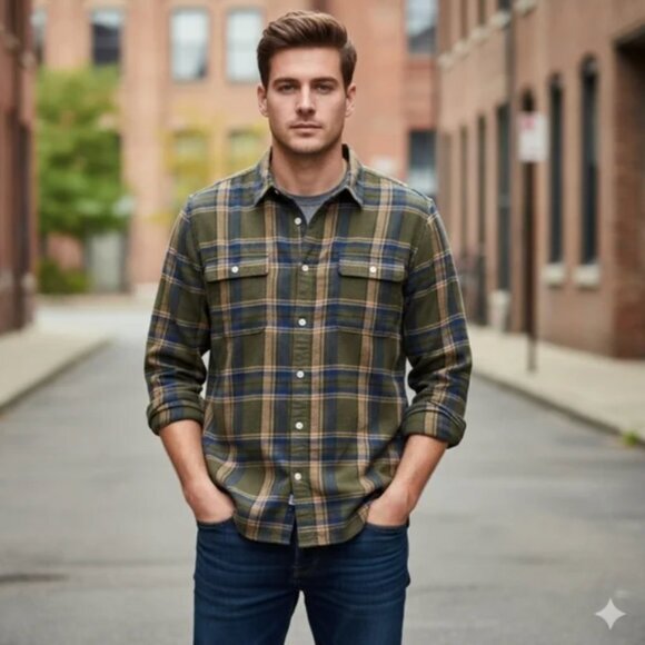 Lucky Brand Other - Lucky Brand Harvest Green Blue and Brown Flannel Plaid Button Down